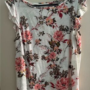 LOFT Floral Ruffle Sleeve Top - Pink and White